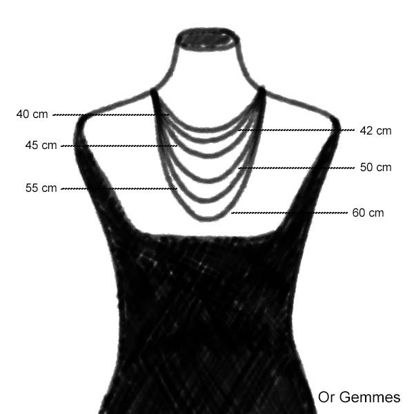 Dessin d'un guide de longueurs de chaines représentant un buste avec des chaines de différentes longueurs, dont 40cm, 42cm, 45cm, 50cm, 55cm et 60cm