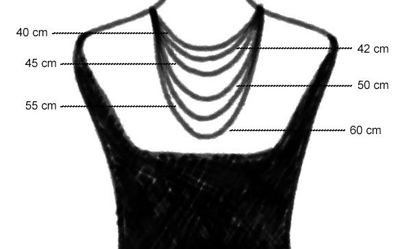 Dessin d'un guide de longueurs de chaines représentant un buste avec des chaines de différentes longueurs, dont 40cm, 42cm, 45cm, 50cm, 55cm et 60cm