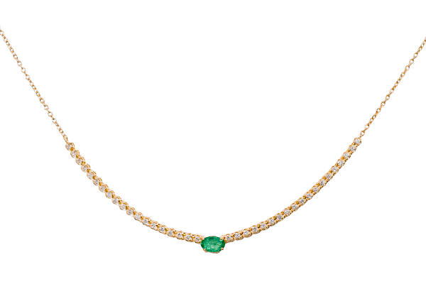 Collier en or jaune 18 carats avec pierre centrale en émeraude et serti de diamants