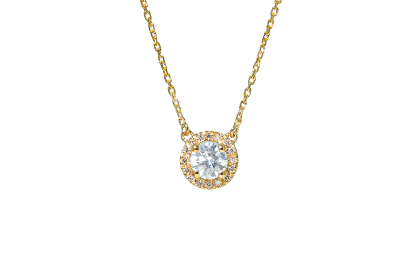 Collier diamant central 0,45 carat et entourage diamants en or jaune 18 carats