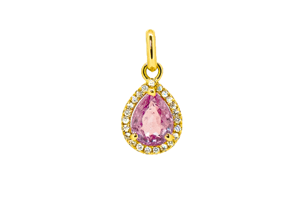 Pendentif saphir rose 1,40 carat et diamants en or jaune 18 carats