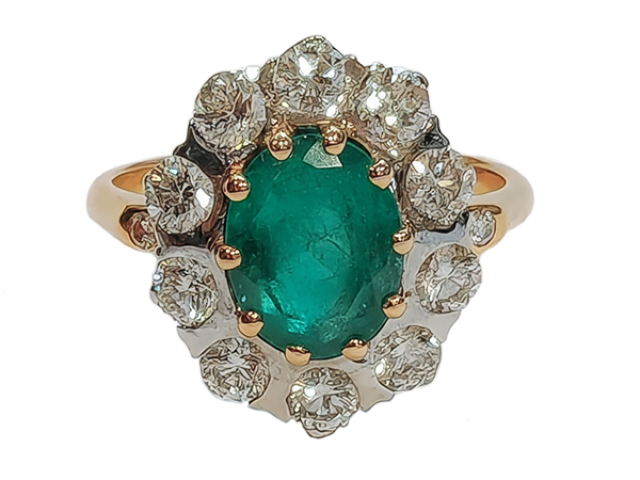 Bague Pompadour en or blanc et jaune sertie d'une Emeraude et de 10 Diamants
