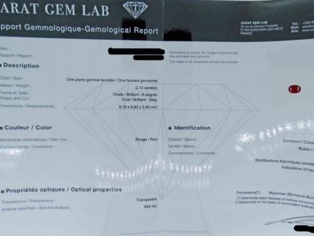RUBIS 2.13 carats de BIRMANIE certifié CGL