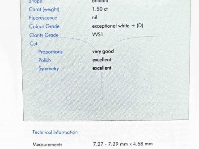 diamant rond 1.5 carats D VVS1 certifié par le LABORATOIRE HRD