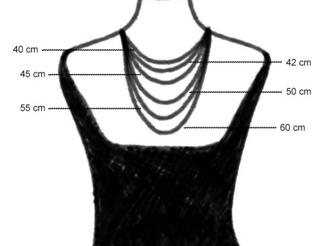 Dessin d'un guide de longueurs de chaines représentant un buste avec des chaines de différentes longueurs, dont 40cm, 42cm, 45cm, 50cm, 55cm et 60cm