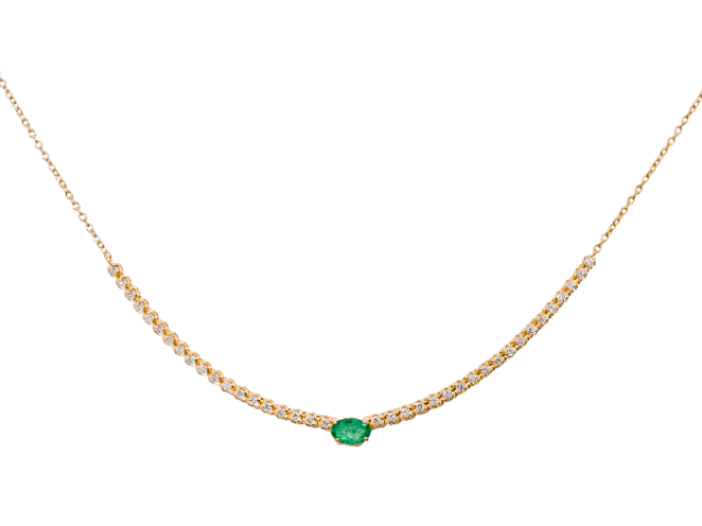 Collier en or jaune 18 carats avec pierre centrale en émeraude et serti de diamants