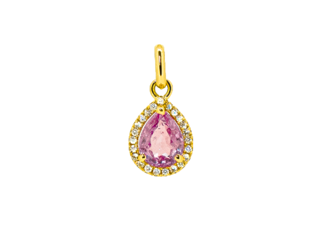 Pendentif saphir rose 1,40 carat et diamants en or jaune 18 carats